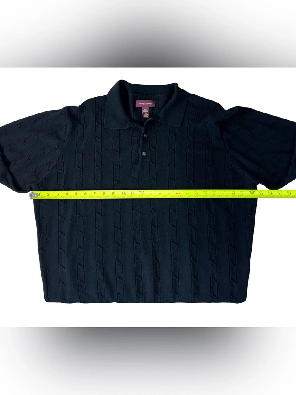Nordstrom Vintage 90s Men's L Cable Knit Merino Wool Polo Sweater Black